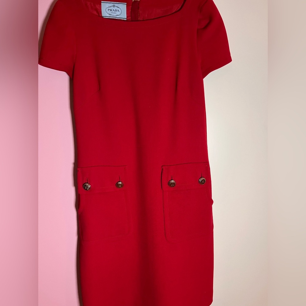 Prada Red Short-Sleeve Wool Lined Dress